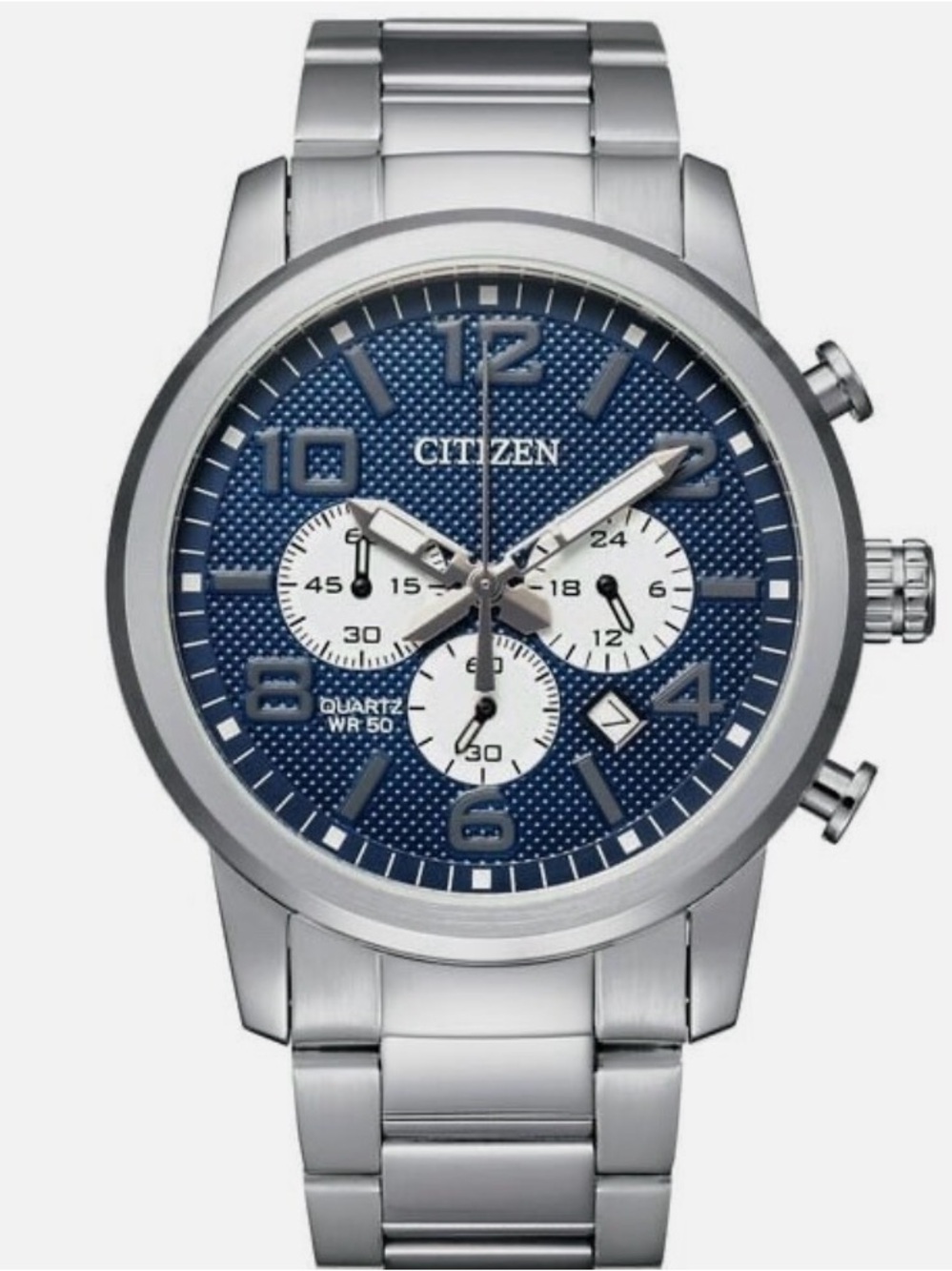 Citizen Mens Quartz Stainless Steel Chronograph Blue Dial Date Watch